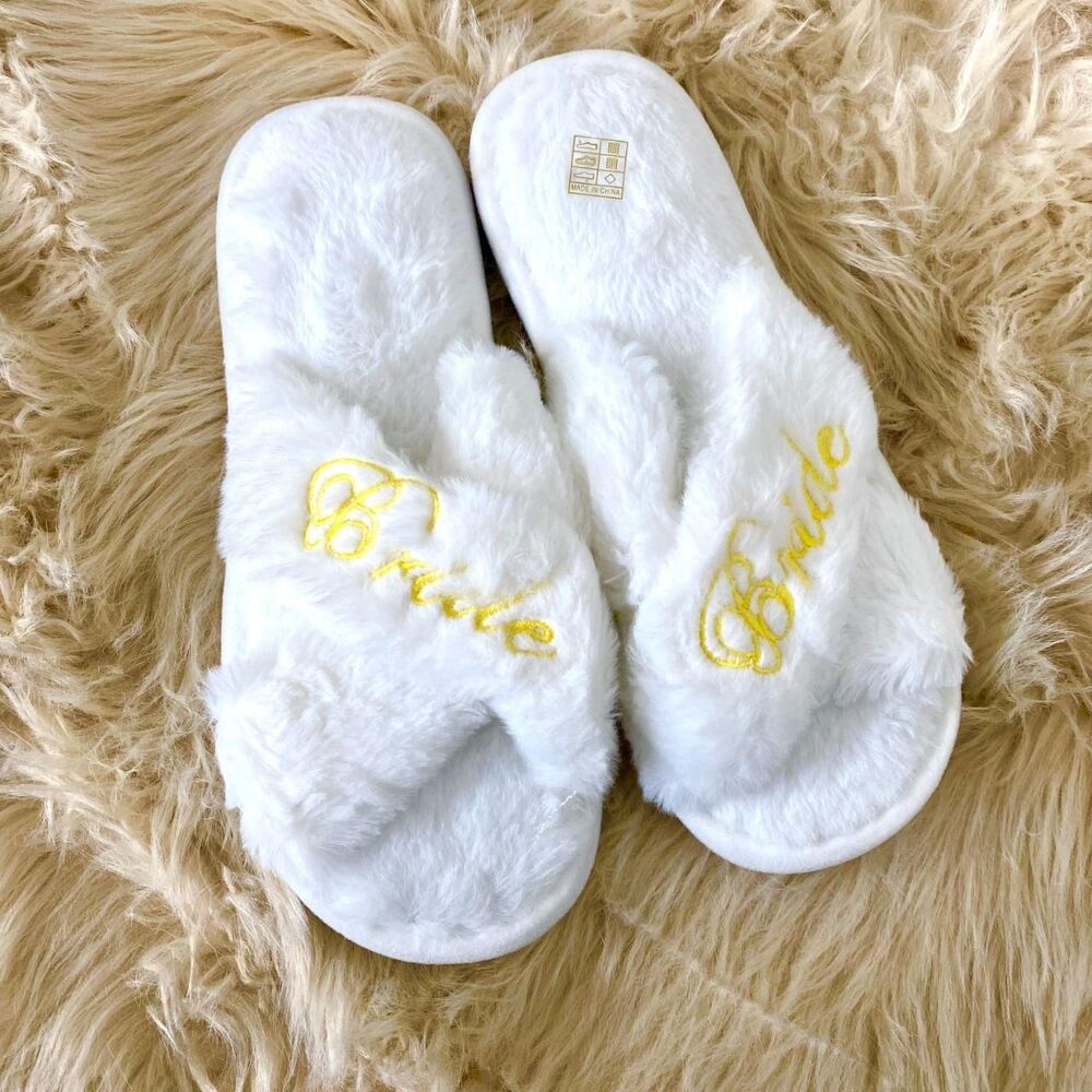 Gold Embroidered Bride Bridal White Criss Cross Fluffy Slippers New US 8 - 9